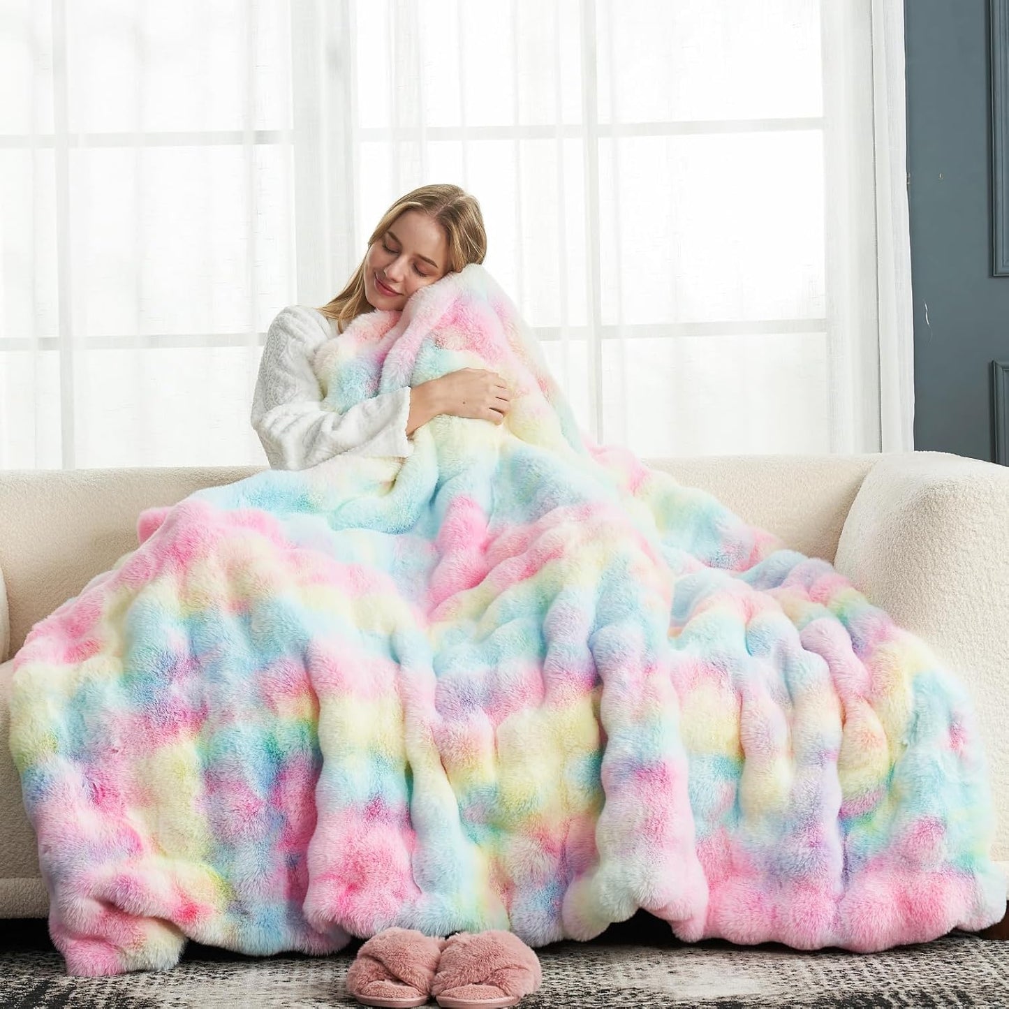 Cozy Bliss Faux Fur Throw Blanket for Couch, Fuzzy Soft Plush Thick Bubble Blanket for Sofa Bedroom Living Room, 50 * 60 Inches Tie-dye Taupe