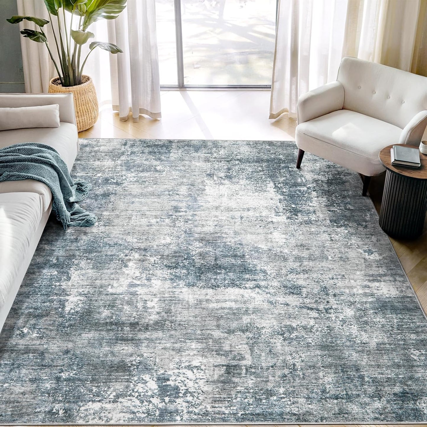 Washable Area Rug for Living Room: 8x10 Modern Abstract Neutral Soft Rug for Bedroom Dining Room No Slip Low Pile Carpet for Nursery Home Office - Grey/Blue