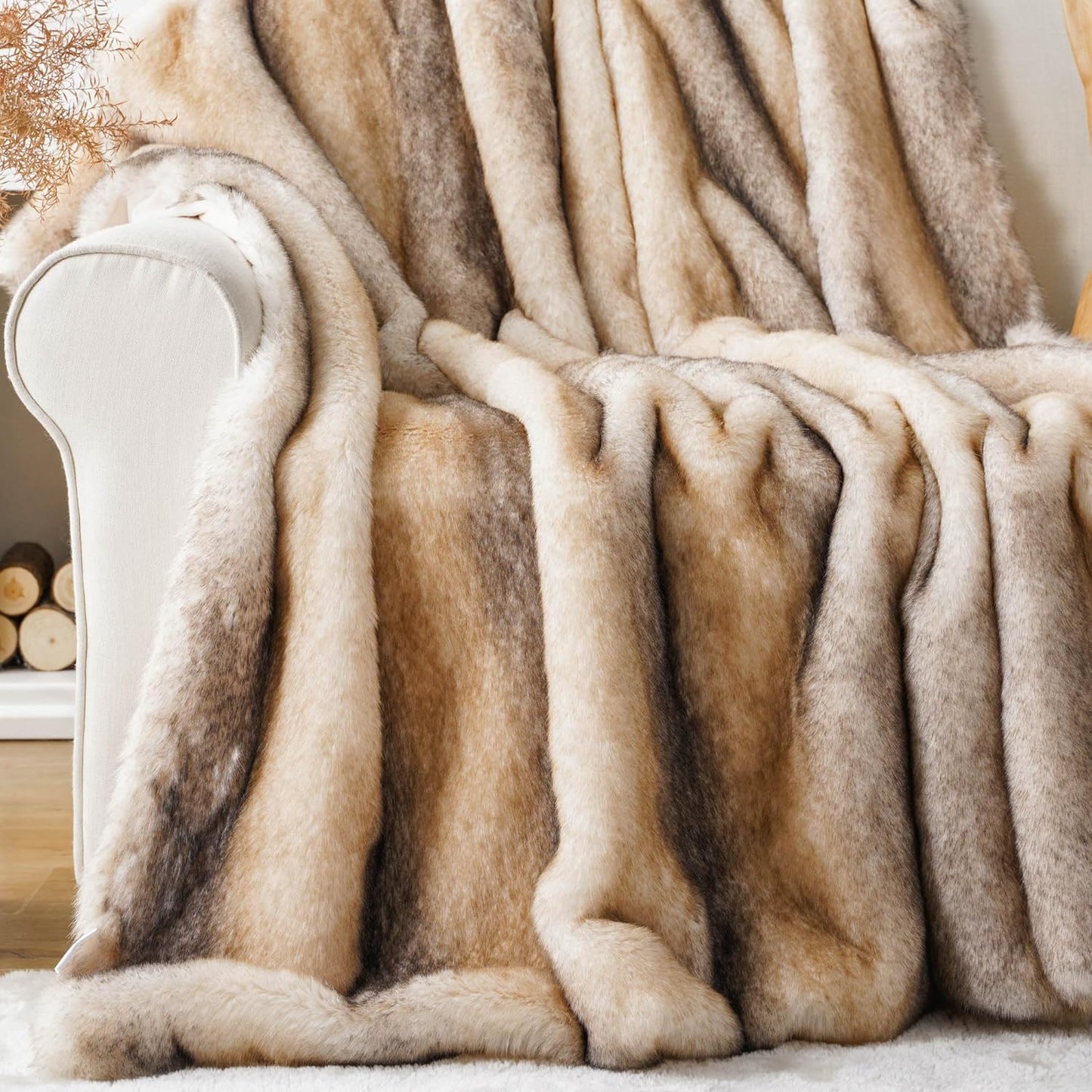 BATTILO HOME Ruched Luxury Faux Fur Throw Blanket Beige Tie-dye Rabbit Fur Blanket for Couch, Living Room, Fuzzy, Soft, Plush, Cozy, Elegant with Reversible Mink Blanket Beige, 60"x80"