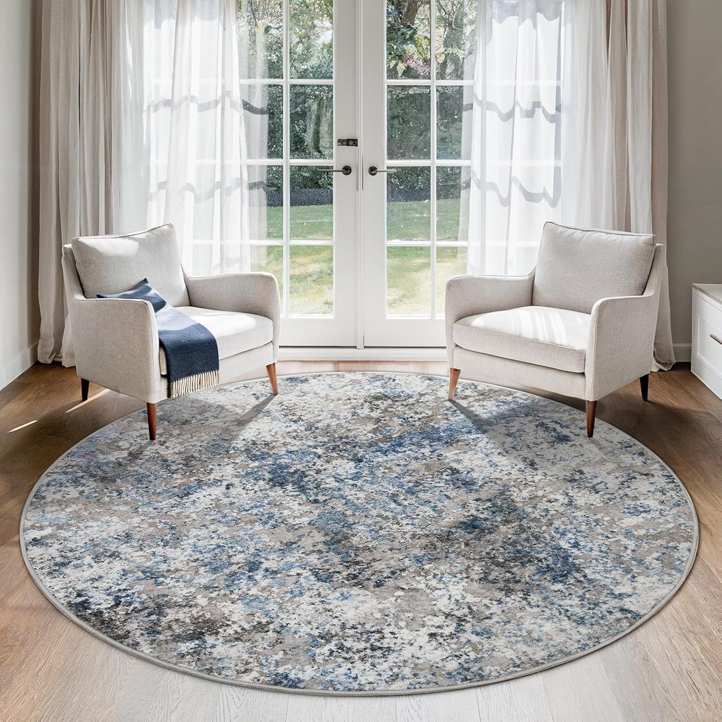Washable Area Rug for Living Room: 8x10 Modern Abstract Neutral Soft Rug for Bedroom Dining Room No Slip Low Pile Carpet for Nursery Home Office - Grey/Blue