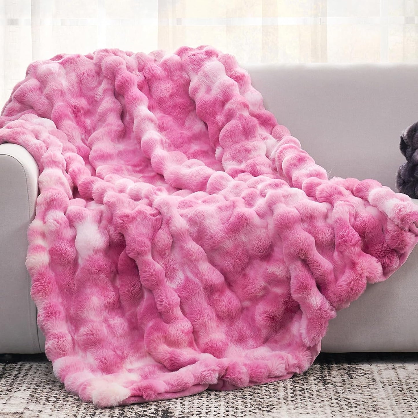 Cozy Bliss Faux Fur Throw Blanket for Couch, Fuzzy Soft Plush Thick Bubble Blanket for Sofa Bedroom Living Room, 50 * 60 Inches Tie-dye Taupe