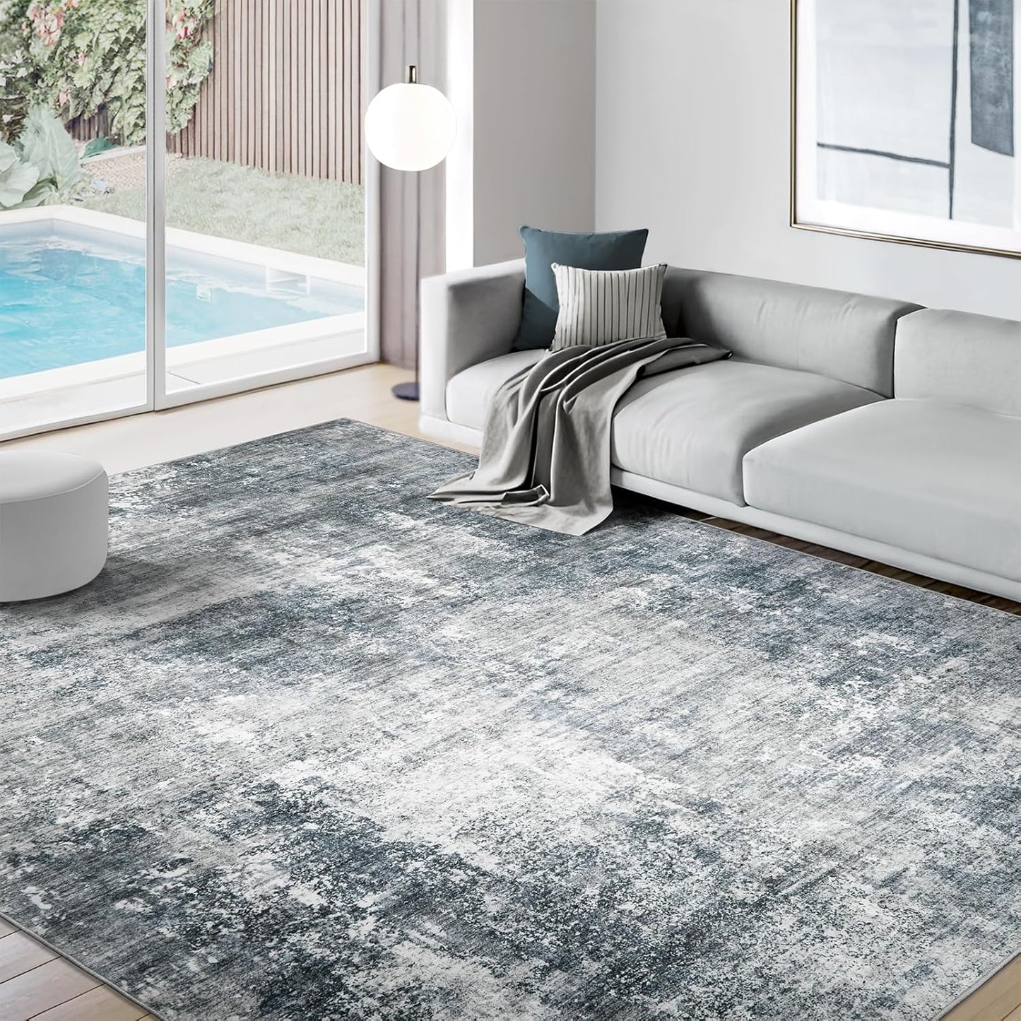 Washable Area Rug for Living Room: 8x10 Modern Abstract Neutral Soft Rug for Bedroom Dining Room No Slip Low Pile Carpet for Nursery Home Office - Grey/Blue