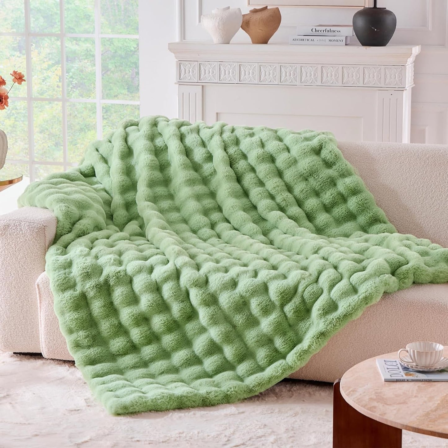BENVWE Faux Fur Throw Blanket for Couch - Cozy Plush Fluffy Soft Thick Bubble Blanket for Living Room Home Decor - Mothers Day Birthday Gifts for Women, Cream White, 51" x 63"