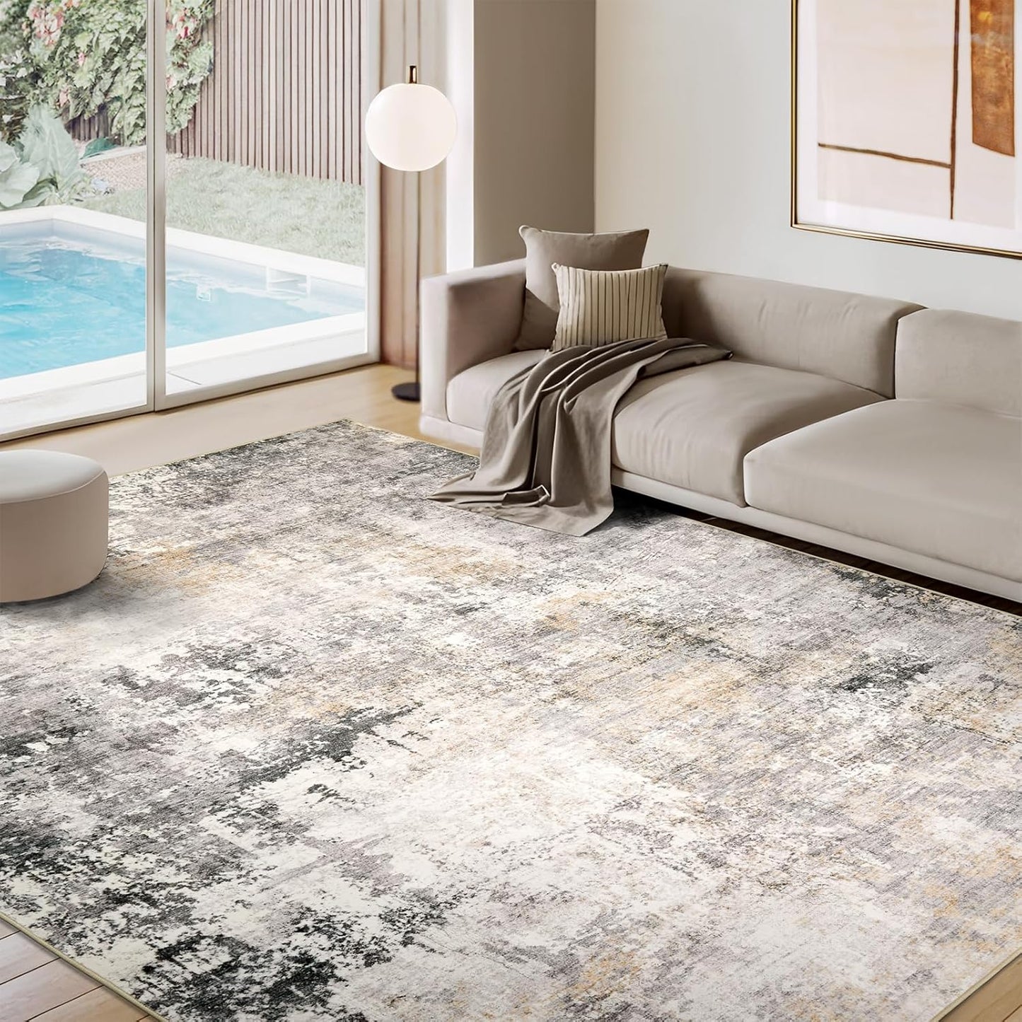 Washable Area Rug for Living Room: 8x10 Modern Abstract Neutral Soft Rug for Bedroom Dining Room No Slip Low Pile Carpet for Nursery Home Office - Grey/Blue