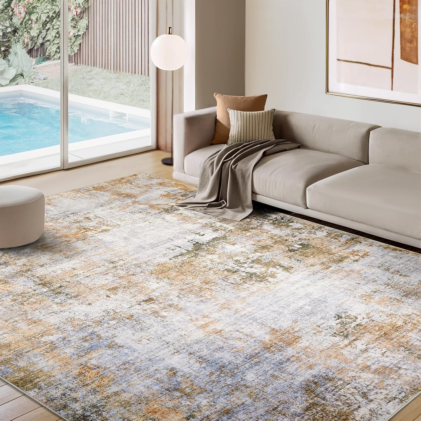 Washable Area Rug for Living Room: 8x10 Modern Abstract Neutral Soft Rug for Bedroom Dining Room No Slip Low Pile Carpet for Nursery Home Office - Grey/Blue