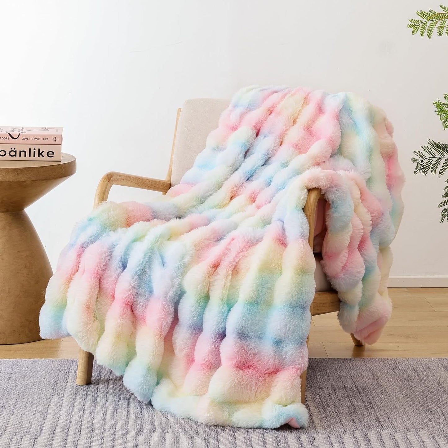Smoofy Faux Fur Throw Blanket for Couch – Blush Pink Fluffy Cozy Rabbit Fleece, Plush Soft Bubble Blanket for Sofa & Bed, for Mom, Warm Fuzzy Home Room Decor Throw 50" x 60"