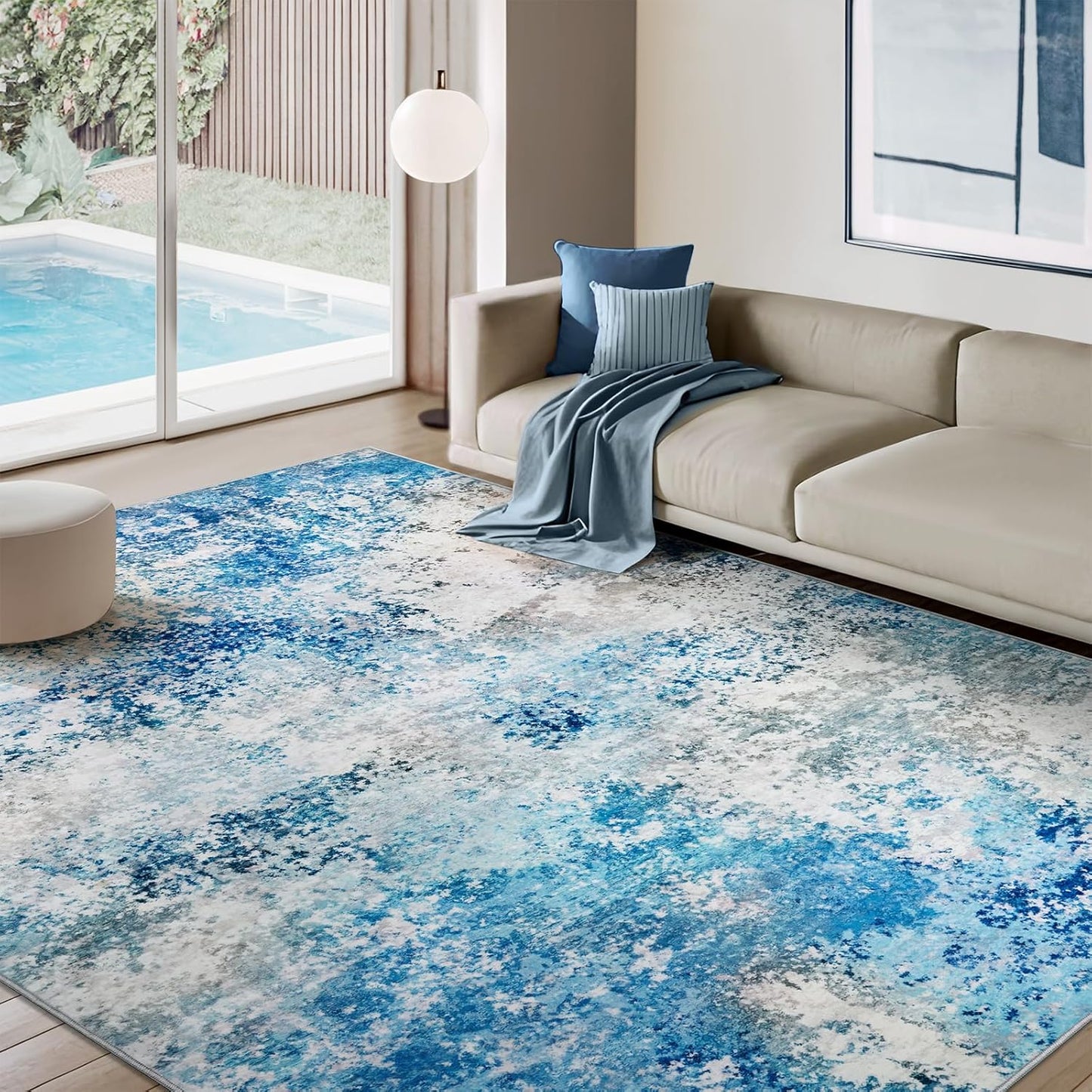Washable Area Rug for Living Room: 8x10 Modern Abstract Neutral Soft Rug for Bedroom Dining Room No Slip Low Pile Carpet for Nursery Home Office - Grey/Blue