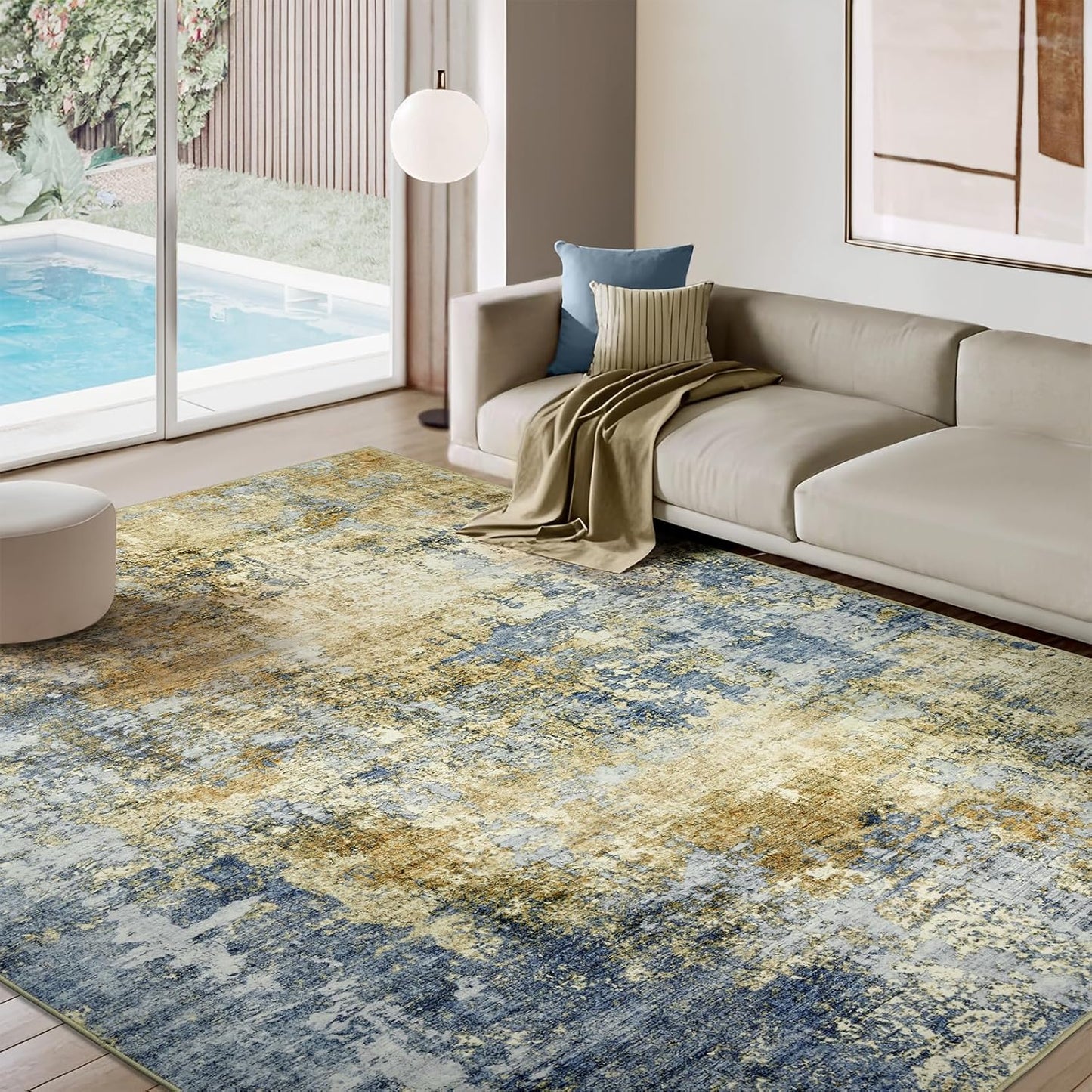 Washable Area Rug for Living Room: 8x10 Modern Abstract Neutral Soft Rug for Bedroom Dining Room No Slip Low Pile Carpet for Nursery Home Office - Grey/Blue