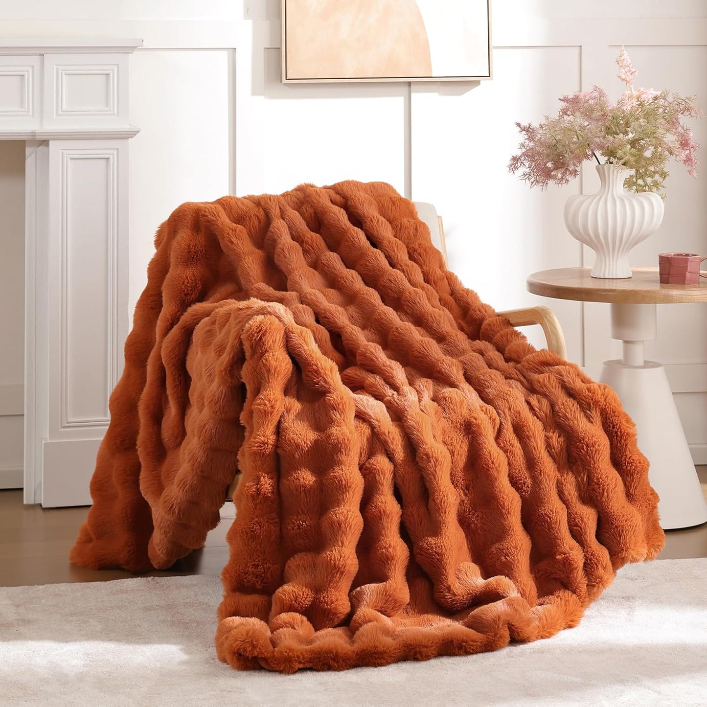 Smoofy Faux Fur Throw Blanket for Couch – Blush Pink Fluffy Cozy Rabbit Fleece, Plush Soft Bubble Blanket for Sofa & Bed, for Mom, Warm Fuzzy Home Room Decor Throw 50" x 60"