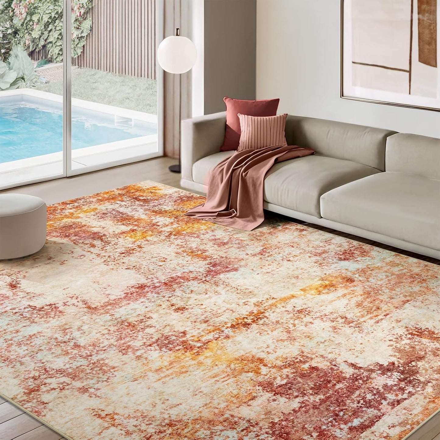 Washable Area Rug for Living Room: 8x10 Modern Abstract Neutral Soft Rug for Bedroom Dining Room No Slip Low Pile Carpet for Nursery Home Office - Grey/Blue