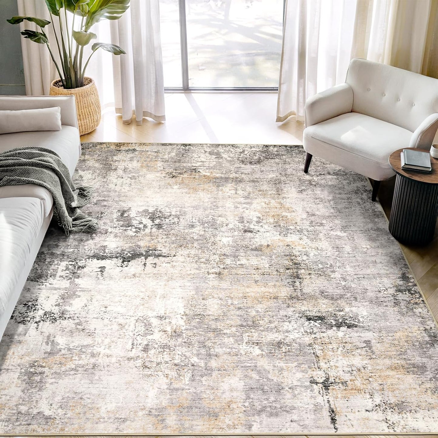Washable Area Rug for Living Room: 8x10 Modern Abstract Neutral Soft Rug for Bedroom Dining Room No Slip Low Pile Carpet for Nursery Home Office - Grey/Blue