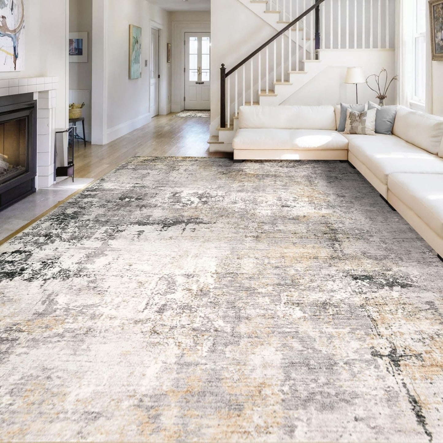 Washable Area Rug for Living Room: 8x10 Modern Abstract Neutral Soft Rug for Bedroom Dining Room No Slip Low Pile Carpet for Nursery Home Office - Grey/Blue