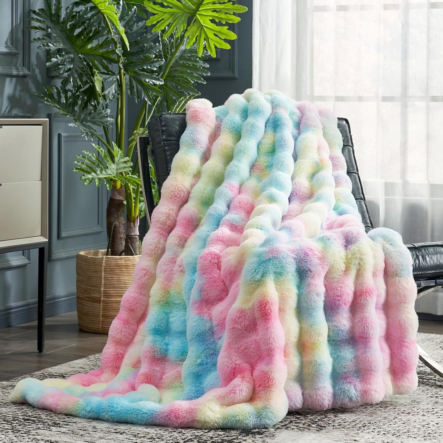 Cozy Bliss Faux Fur Throw Blanket for Couch, Fuzzy Soft Plush Thick Bubble Blanket for Sofa Bedroom Living Room, 50 * 60 Inches Tie-dye Taupe