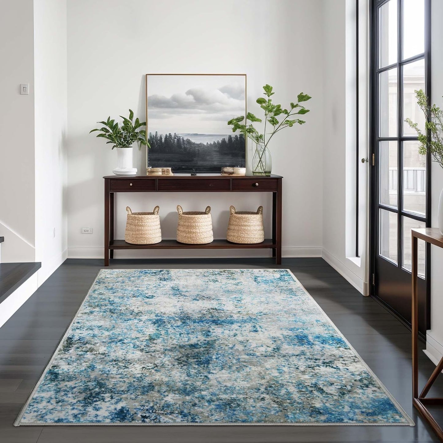 Washable Area Rug for Living Room: 8x10 Modern Abstract Neutral Soft Rug for Bedroom Dining Room No Slip Low Pile Carpet for Nursery Home Office - Grey/Blue