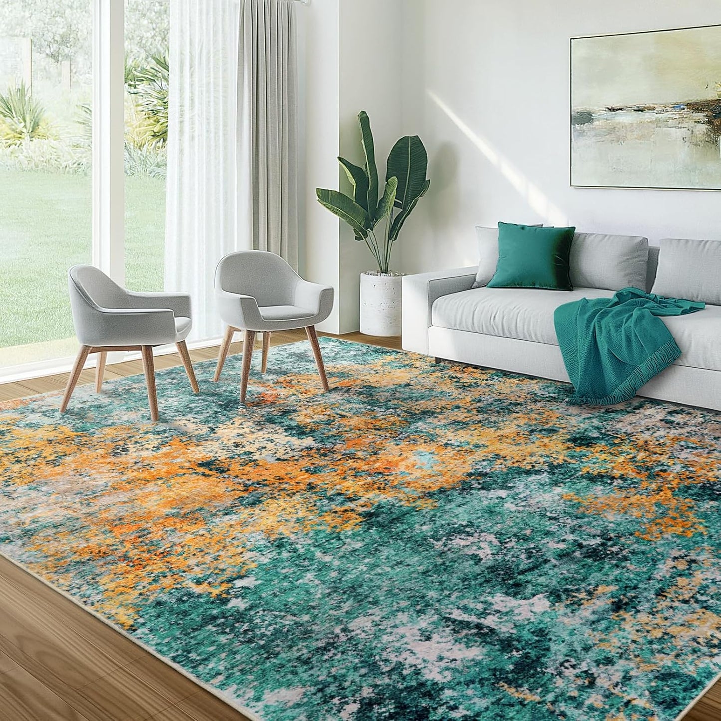 Washable Area Rug for Living Room: 8x10 Modern Abstract Neutral Soft Rug for Bedroom Dining Room No Slip Low Pile Carpet for Nursery Home Office - Grey/Blue