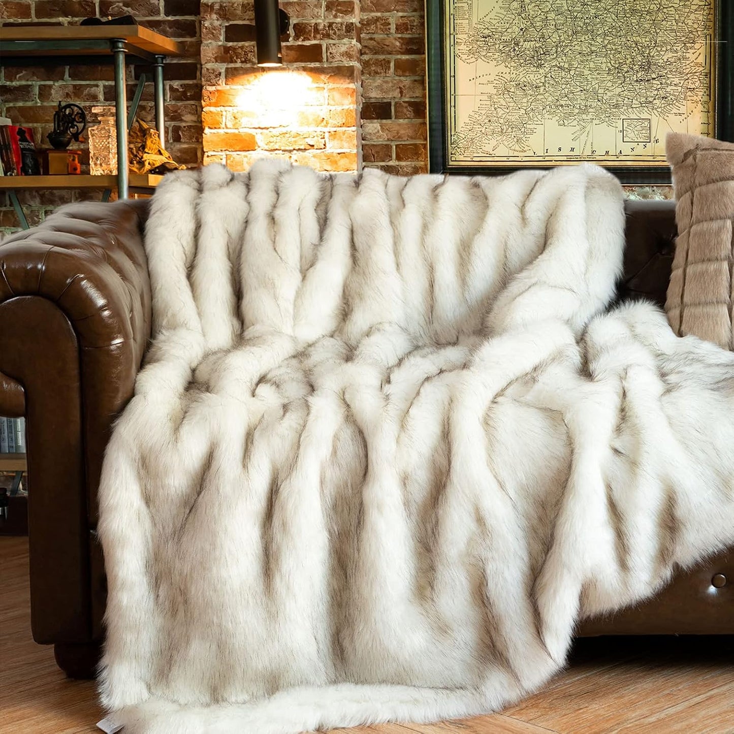 BATTILO HOME Ruched Luxury Faux Fur Throw Blanket Beige Tie-dye Rabbit Fur Blanket for Couch, Living Room, Fuzzy, Soft, Plush, Cozy, Elegant with Reversible Mink Blanket Beige, 60"x80"