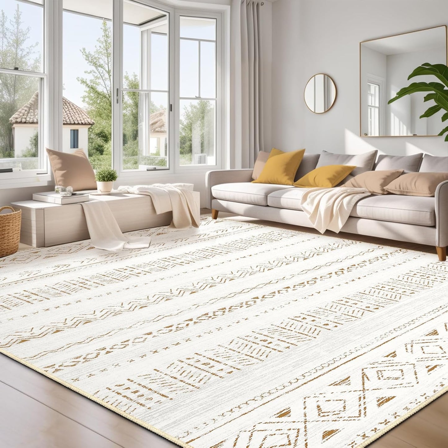 Large Living Room Area Rug 5x7: Soft Machine Washable Boho Moroccan Farmhouse Rugs for Bedroom Under Dining Table - Non-Slip Neutral Morden Indoor Floor Carpet for Home Office - Brown/Cream