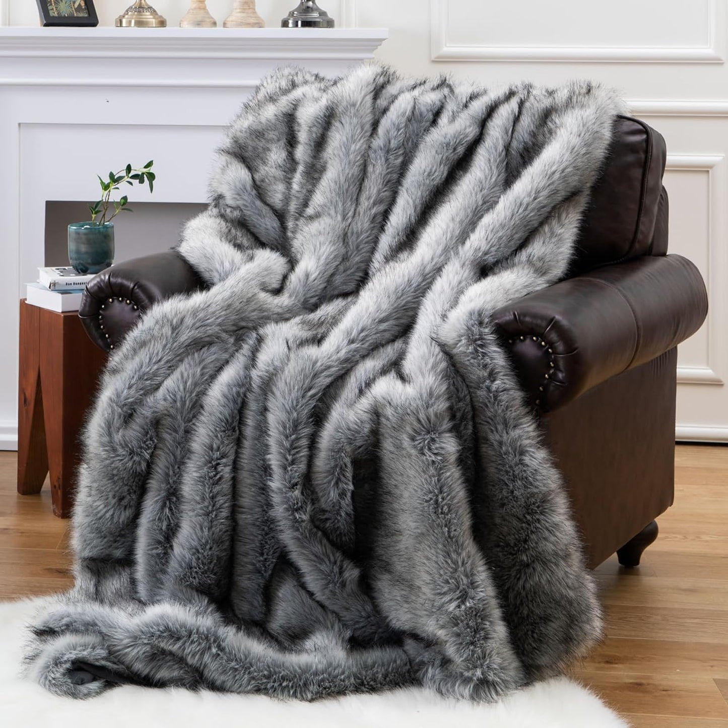 BATTILO HOME Ruched Luxury Faux Fur Throw Blanket Beige Tie-dye Rabbit Fur Blanket for Couch, Living Room, Fuzzy, Soft, Plush, Cozy, Elegant with Reversible Mink Blanket Beige, 60"x80"