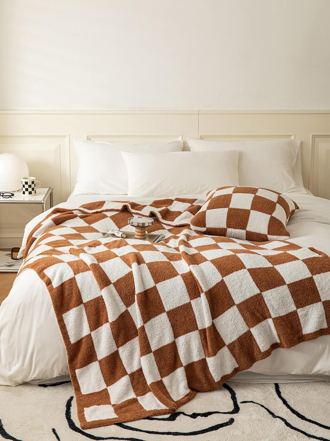 Ultra Soft Cozy Buffalo Checkerboard Grid Fluffy Microfiber Knitted Throw Blanket Lightweight Fleece Checkered Blanket for Sofa Couch Bed Travel Cream 51"X63"