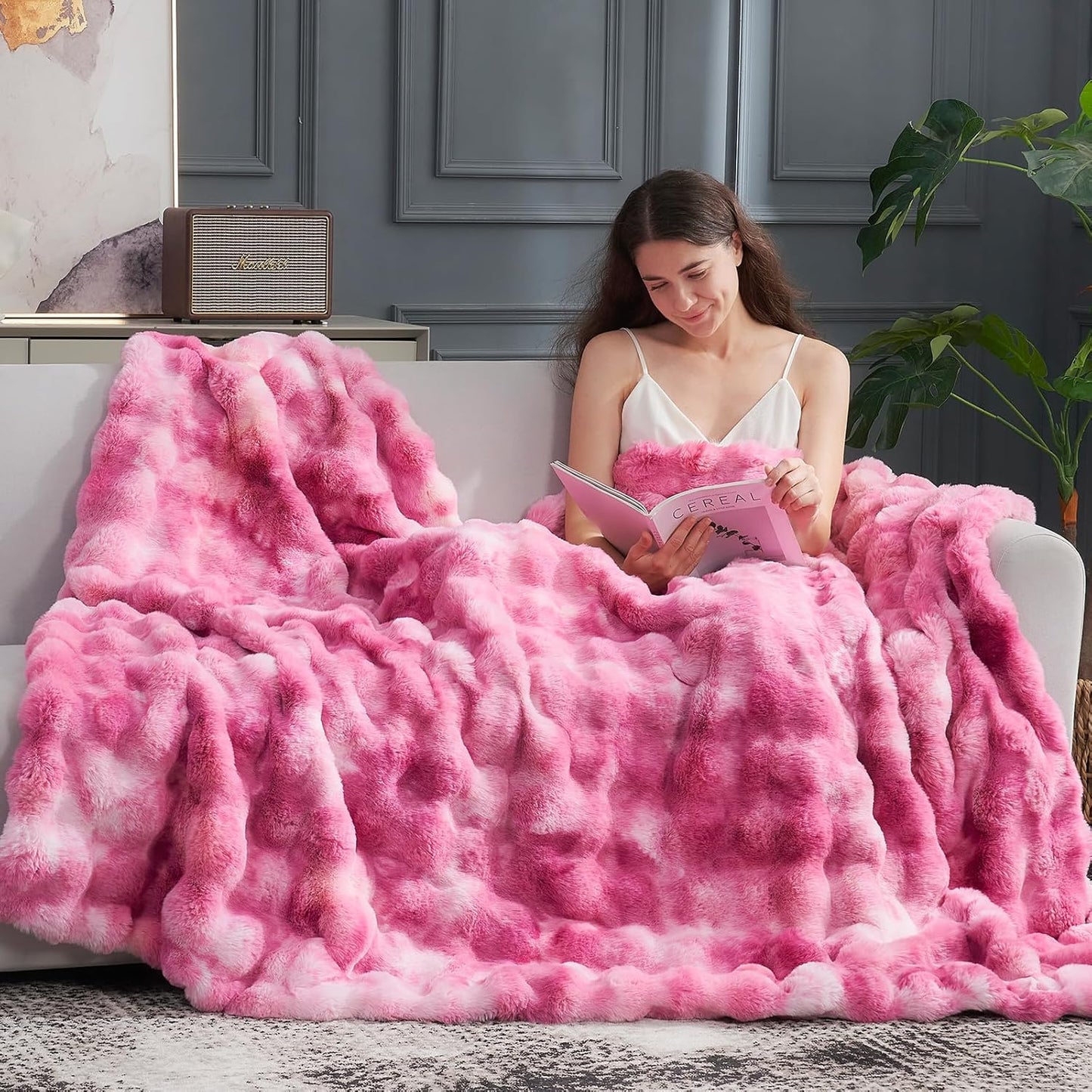 Cozy Bliss Faux Fur Throw Blanket for Couch, Fuzzy Soft Plush Thick Bubble Blanket for Sofa Bedroom Living Room, 50 * 60 Inches Tie-dye Taupe