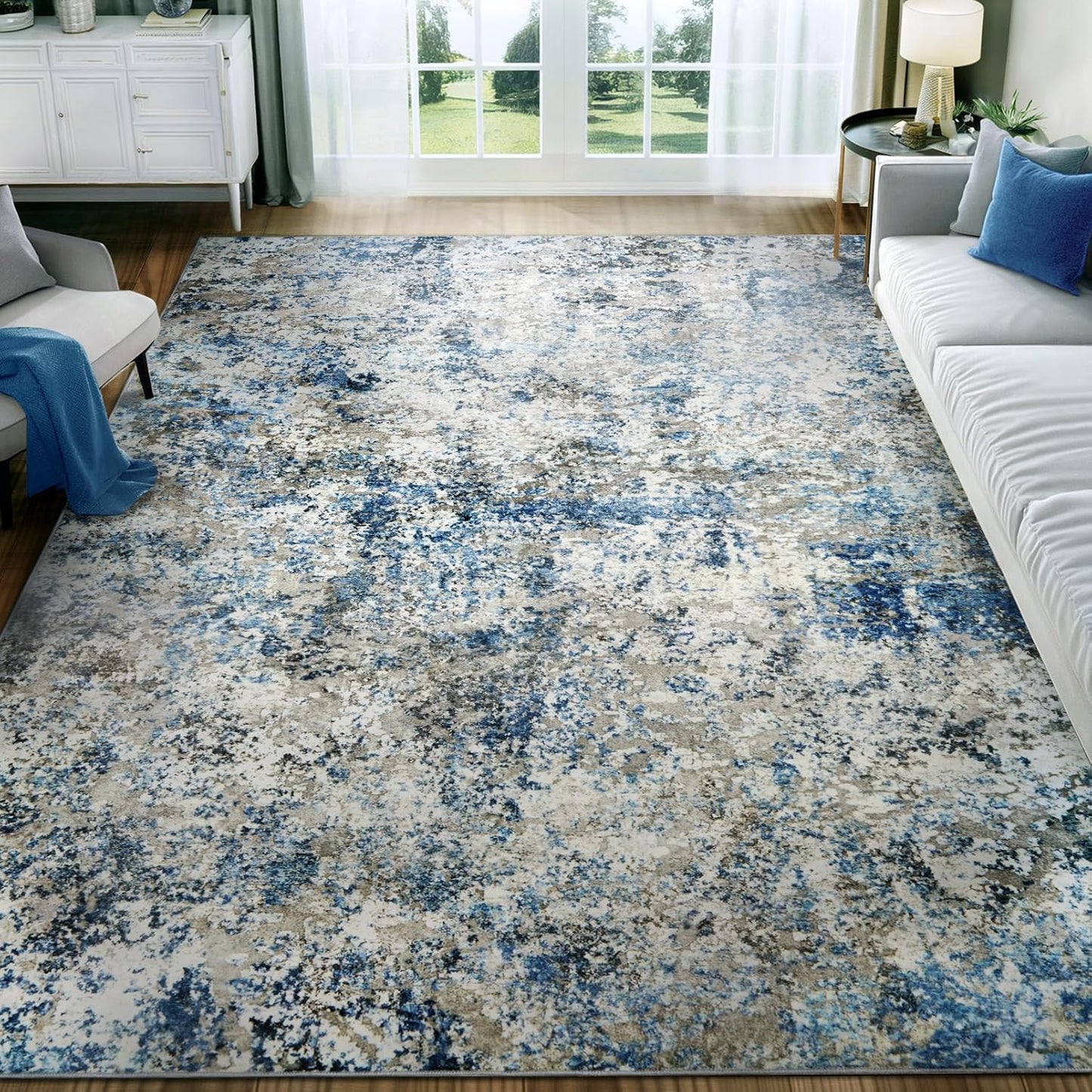 Washable Area Rug for Living Room: 8x10 Modern Abstract Neutral Soft Rug for Bedroom Dining Room No Slip Low Pile Carpet for Nursery Home Office - Grey/Blue