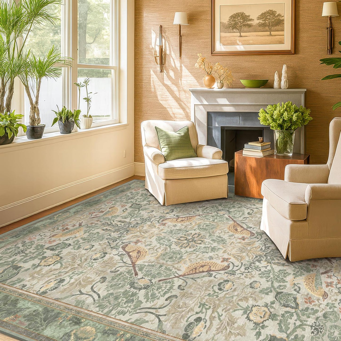 Washable Area Rugs 5x8 for Bedroom - Western Plant Rugs for Living Room, Dinning Room, Home Office, Playroom with Boho Light Green Botanical & Bird Pattern, Non Slip Stain Resistant Low Pile