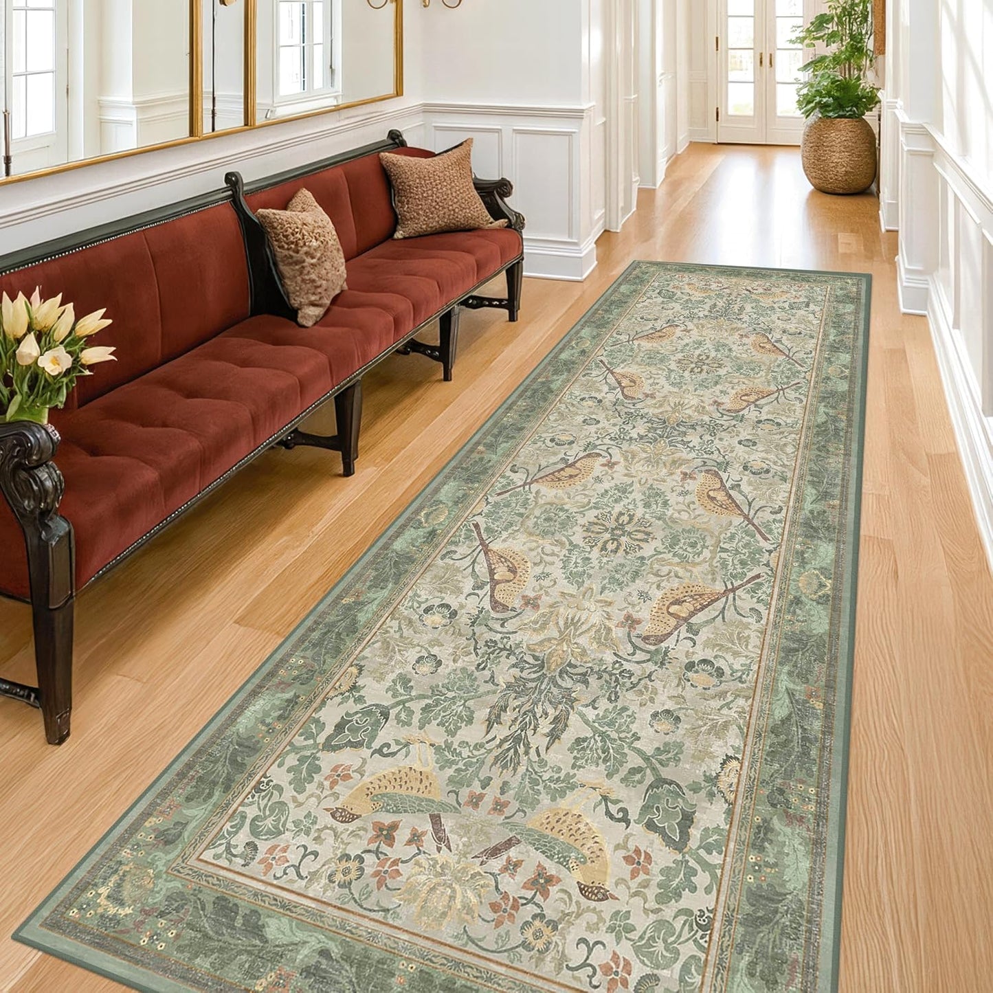 Washable Area Rugs 5x8 for Bedroom - Western Plant Rugs for Living Room, Dinning Room, Home Office, Playroom with Boho Light Green Botanical & Bird Pattern, Non Slip Stain Resistant Low Pile