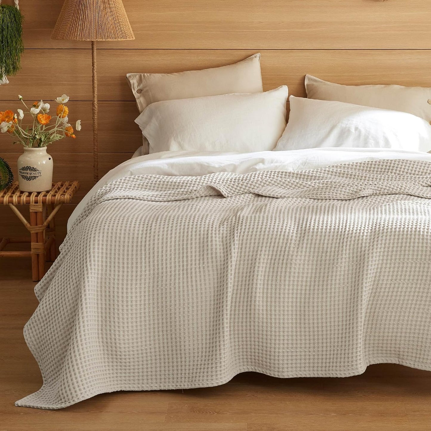 Bedsure 100% Cotton Blanket Queen Size, Waffle Weave Lightweight Summer Blanket for Bed, Knit Woven Thin Breathable Waffle Bedding Decor Gifts for Bedroom, Hotel, Hospital, Linen Beige, 90" x 90"
