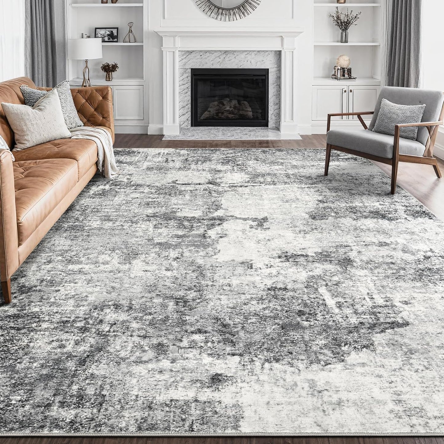 Living Room Area Rugs - 6x9 Abstract Large Soft Indoor Washable Rug Neutral Modern Low Pile Carpet for Bedroom Dining Room Farmhouse Home Office - Grey Blue