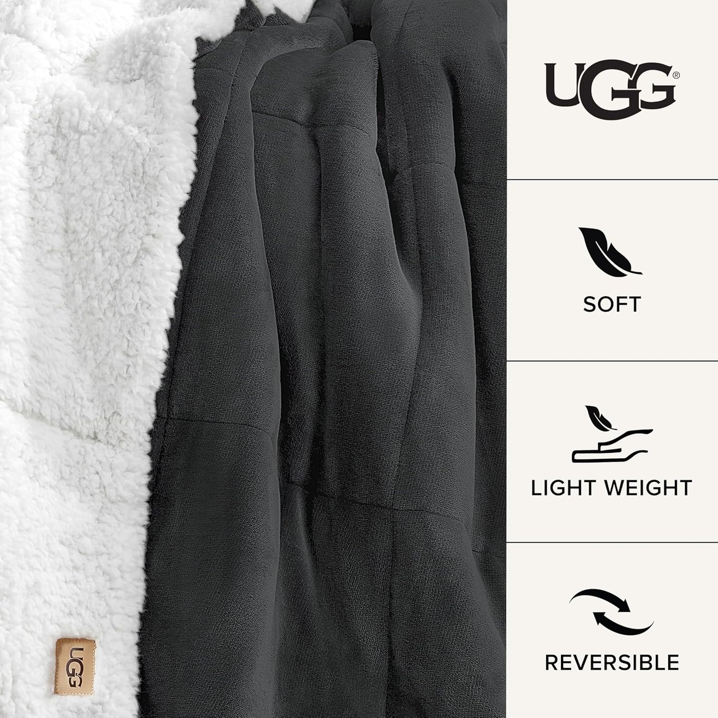 UGG Nita Throw Blanket Soft Reversible Plush Throw for Couch or Bed Washable Warm Fluffy Blanket for College Dorm Essentials and Bedding with Down Alternative Fill, 50-inch x 70-inch, Charcoal Grey