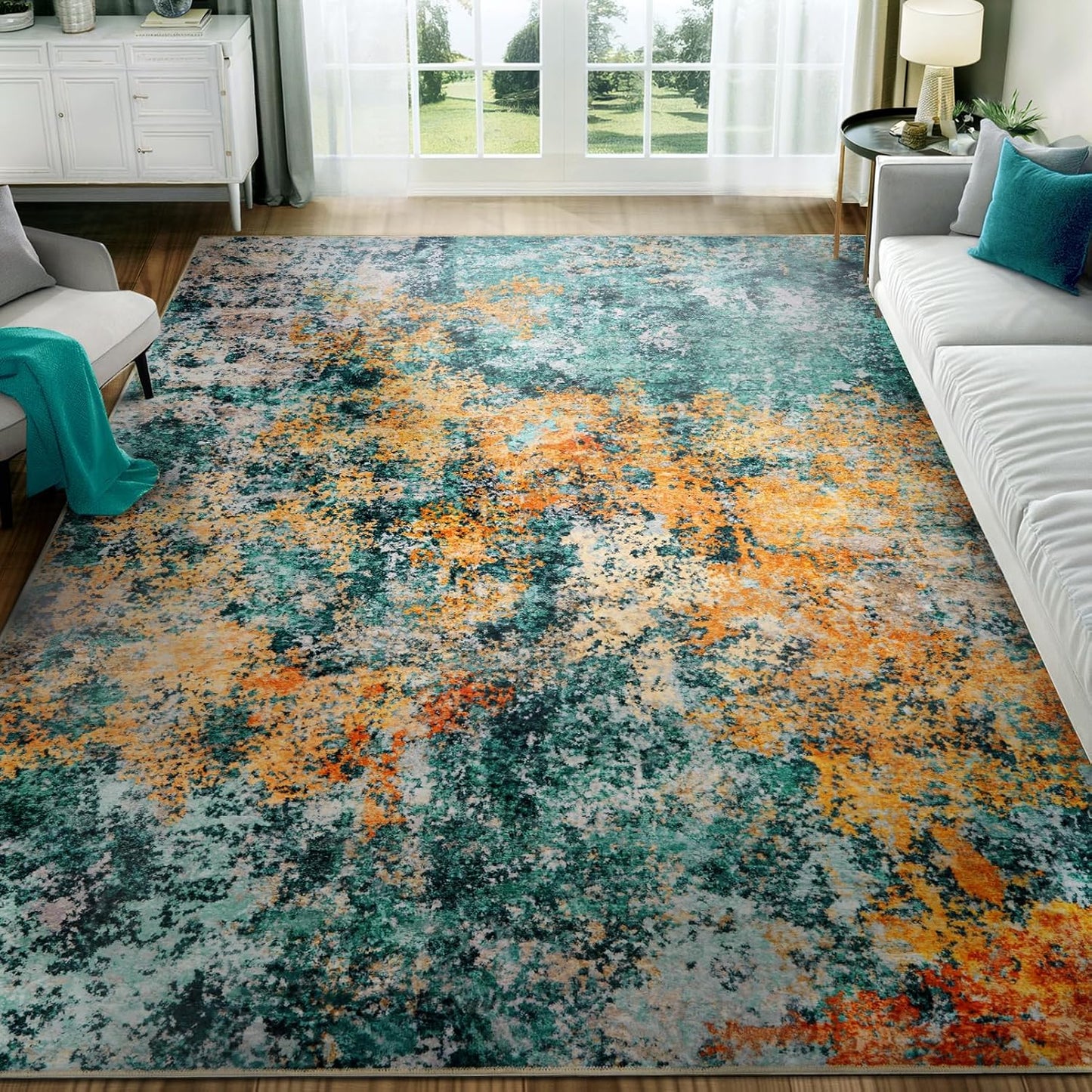 Washable Area Rug for Living Room: 8x10 Modern Abstract Neutral Soft Rug for Bedroom Dining Room No Slip Low Pile Carpet for Nursery Home Office - Grey/Blue