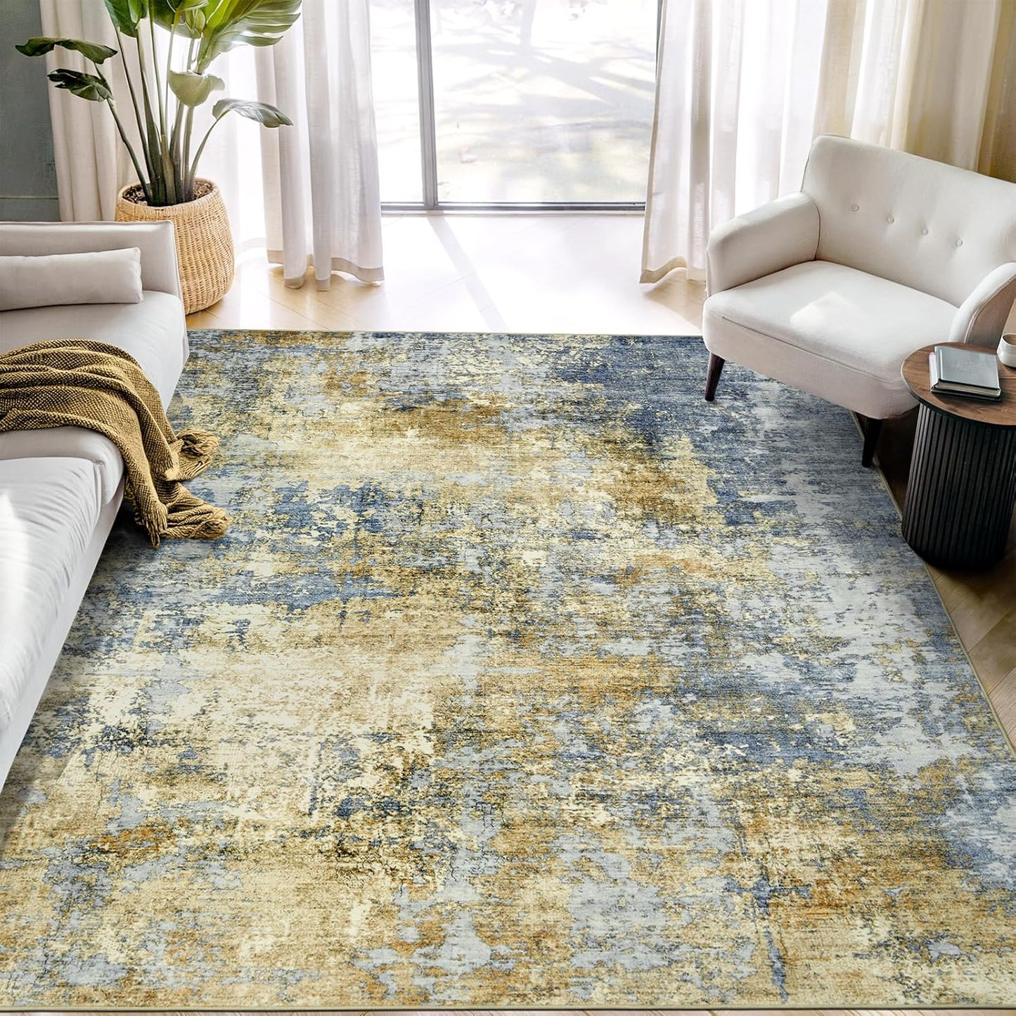 Washable Area Rug for Living Room: 8x10 Modern Abstract Neutral Soft Rug for Bedroom Dining Room No Slip Low Pile Carpet for Nursery Home Office - Grey/Blue