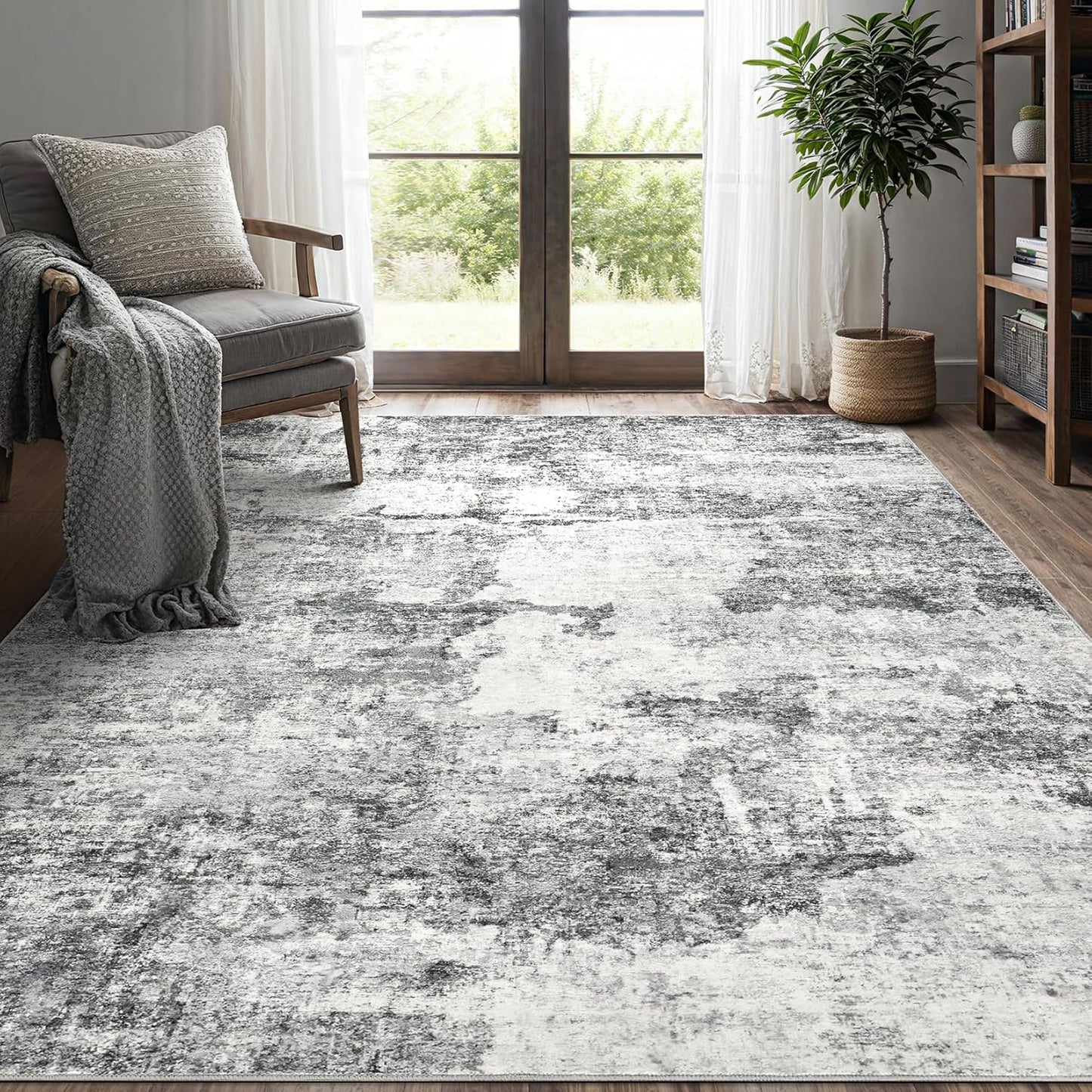 Living Room Area Rugs - 6x9 Abstract Large Soft Indoor Washable Rug Neutral Modern Low Pile Carpet for Bedroom Dining Room Farmhouse Home Office - Grey Blue