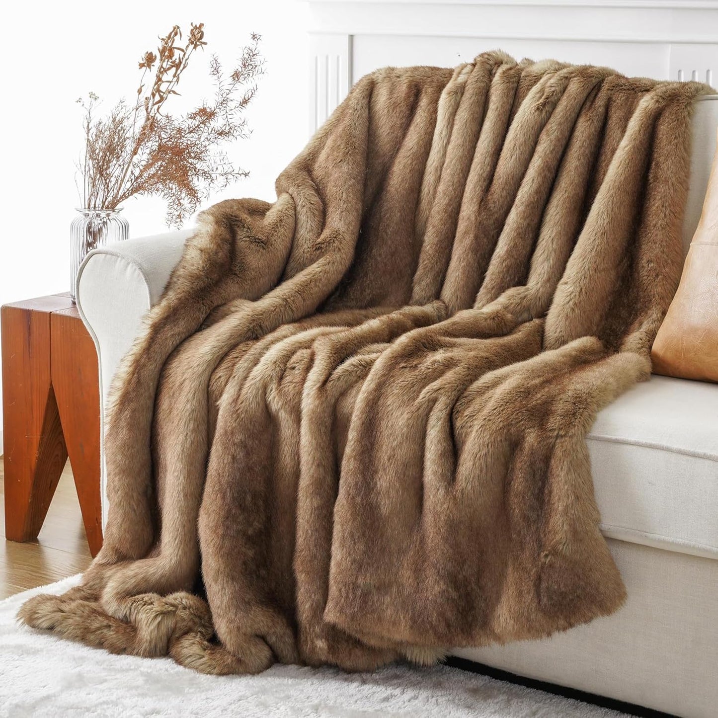 BATTILO HOME Ruched Luxury Faux Fur Throw Blanket Beige Tie-dye Rabbit Fur Blanket for Couch, Living Room, Fuzzy, Soft, Plush, Cozy, Elegant with Reversible Mink Blanket Beige, 60"x80"