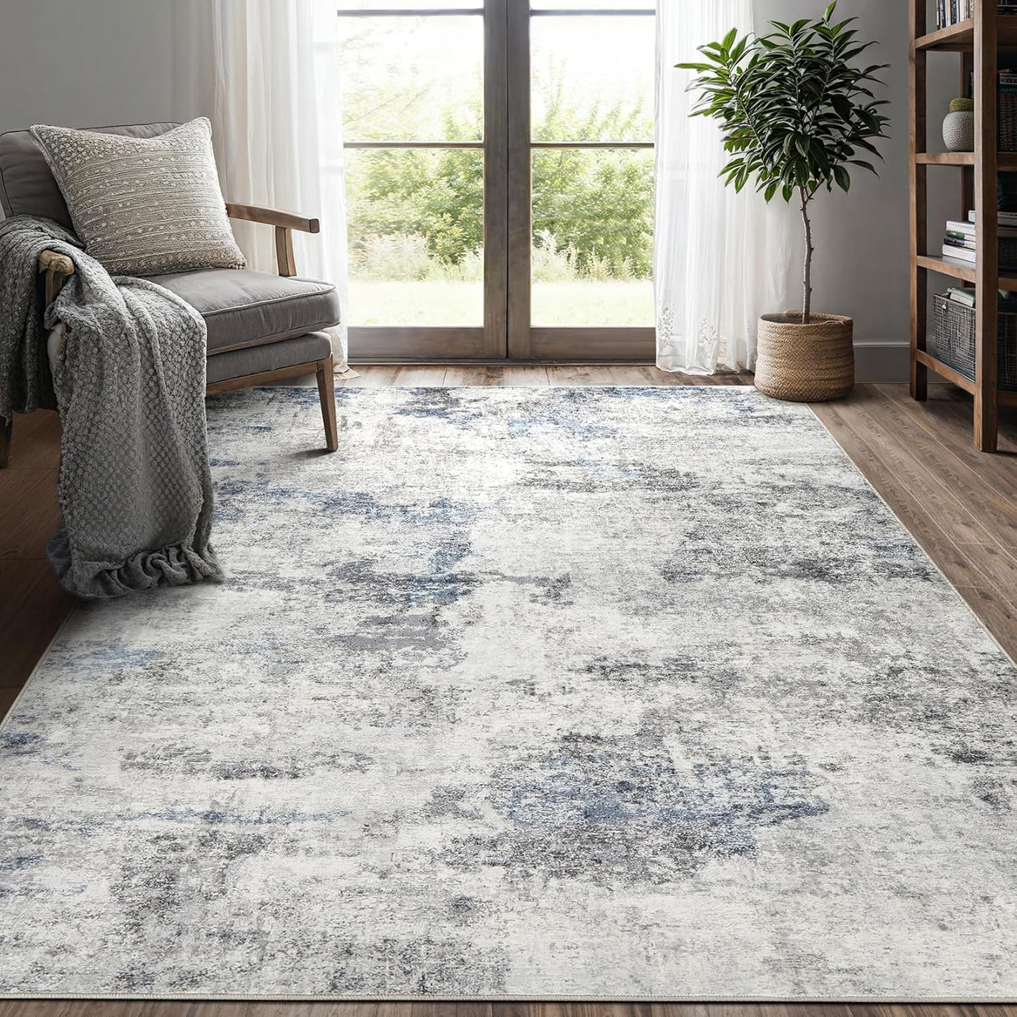 Living Room Area Rugs - 6x9 Abstract Large Soft Indoor Washable Rug Neutral Modern Low Pile Carpet for Bedroom Dining Room Farmhouse Home Office - Grey Blue