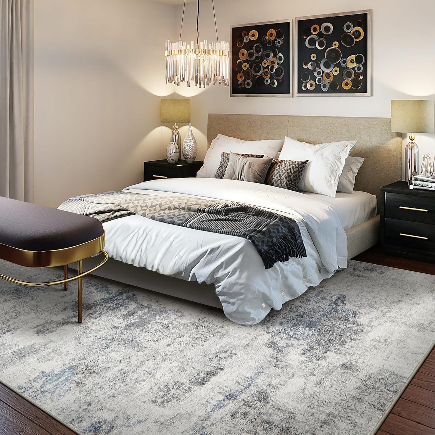 Living Room Area Rugs - 6x9 Abstract Large Soft Indoor Washable Rug Neutral Modern Low Pile Carpet for Bedroom Dining Room Farmhouse Home Office - Grey Blue