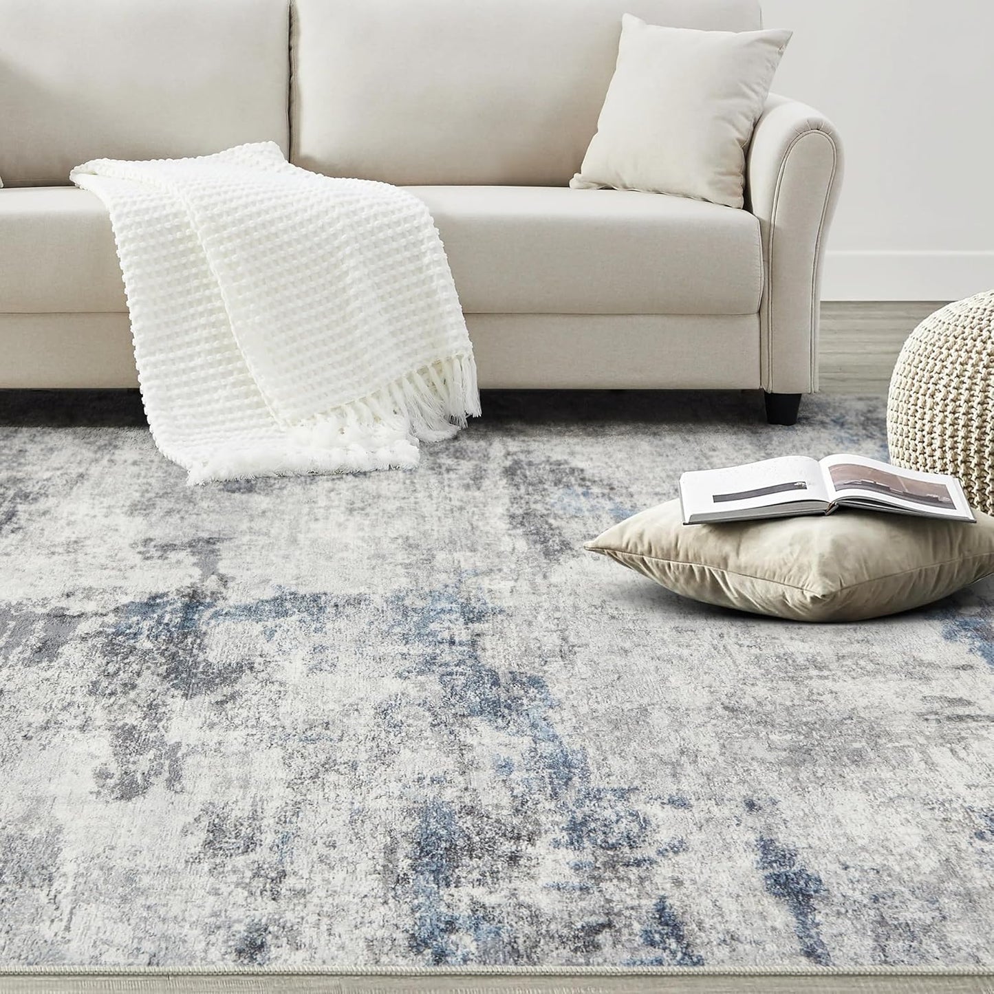 Living Room Area Rugs - 6x9 Abstract Large Soft Indoor Washable Rug Neutral Modern Low Pile Carpet for Bedroom Dining Room Farmhouse Home Office - Grey Blue