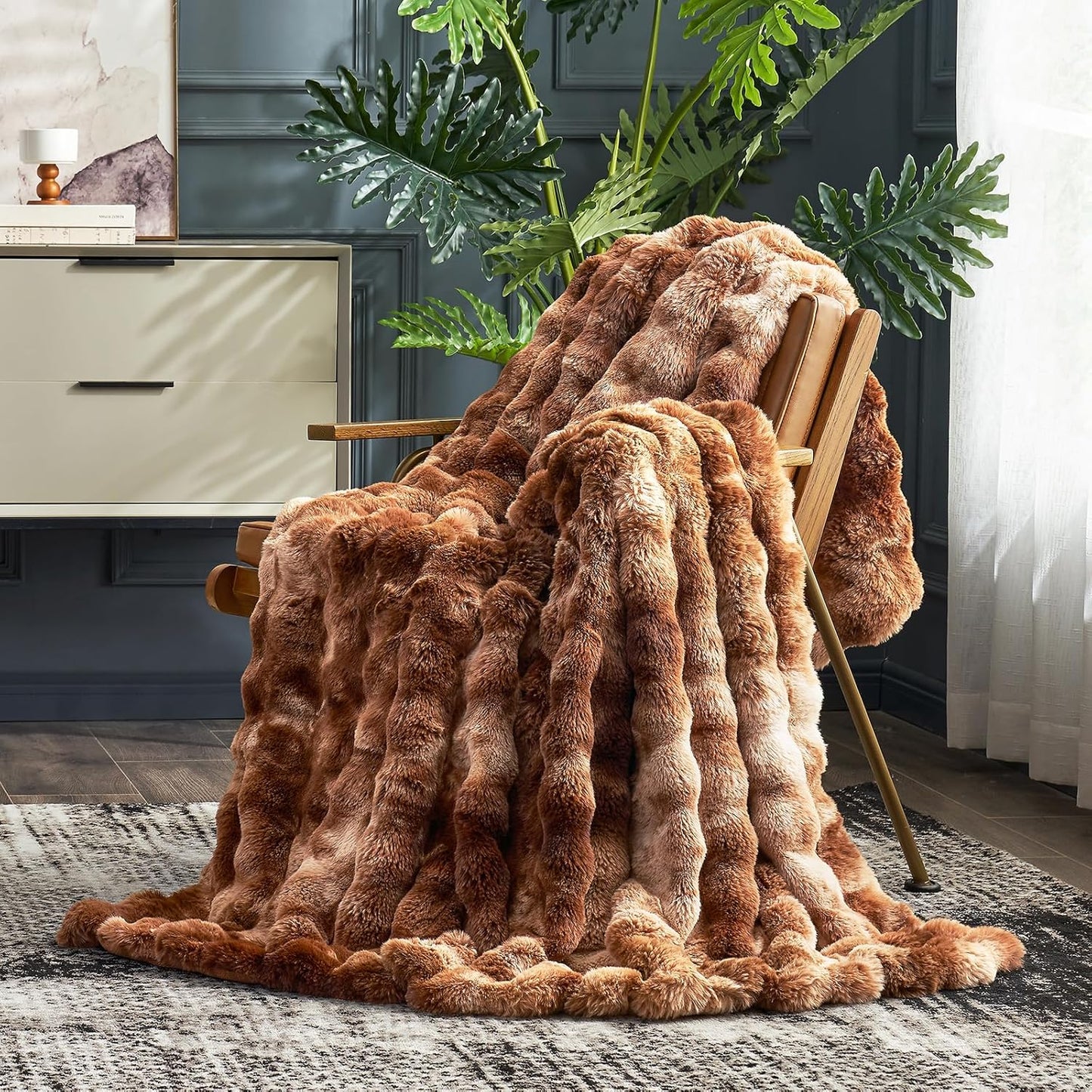 Cozy Bliss Faux Fur Throw Blanket for Couch, Fuzzy Soft Plush Thick Bubble Blanket for Sofa Bedroom Living Room, 50 * 60 Inches Tie-dye Taupe