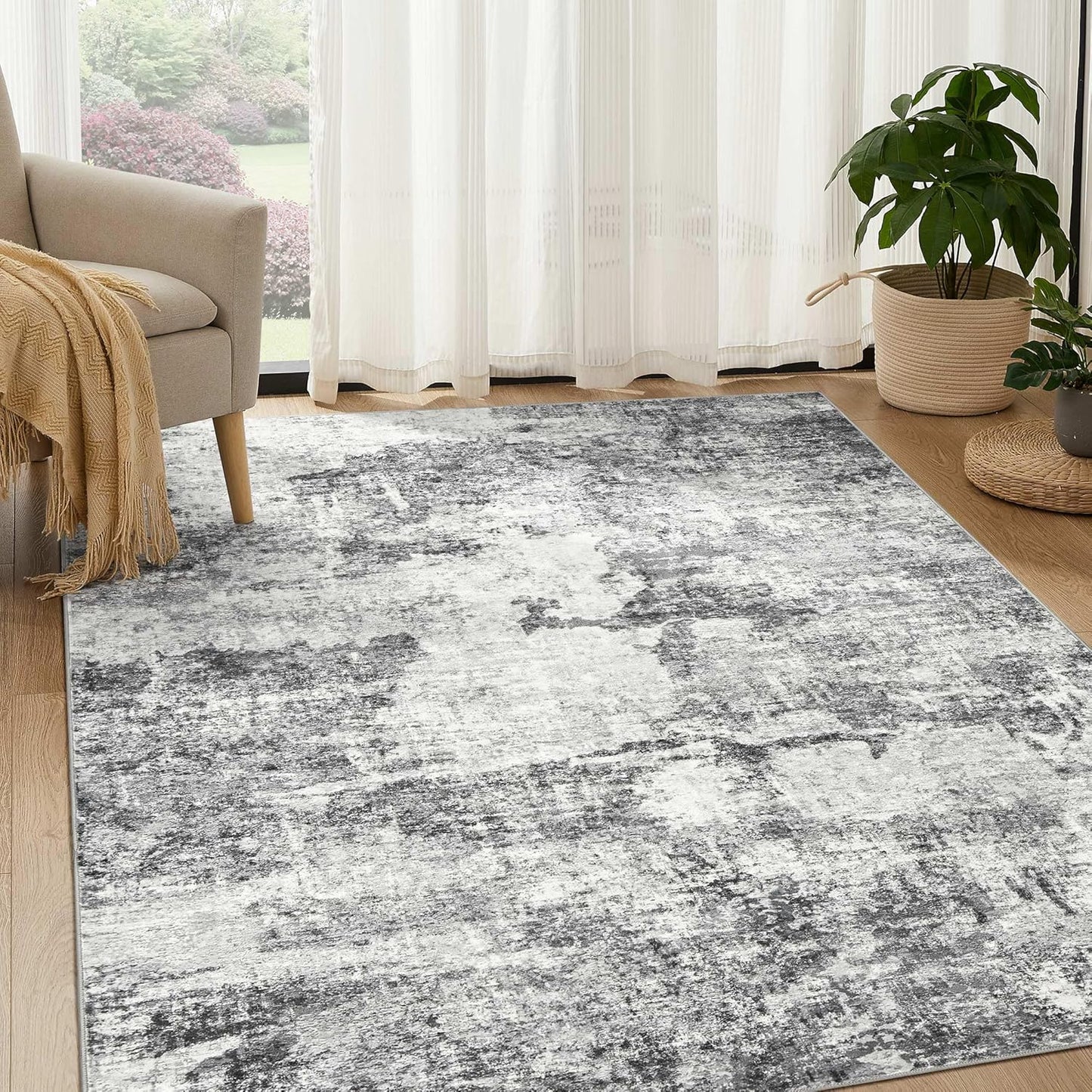 Living Room Area Rugs - 6x9 Abstract Large Soft Indoor Washable Rug Neutral Modern Low Pile Carpet for Bedroom Dining Room Farmhouse Home Office - Grey Blue