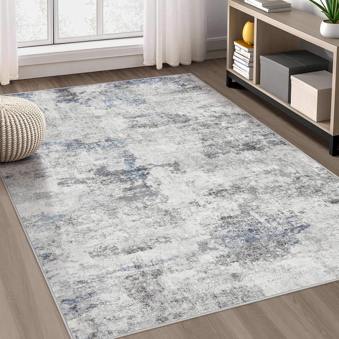 Living Room Area Rugs - 6x9 Abstract Large Soft Indoor Washable Rug Neutral Modern Low Pile Carpet for Bedroom Dining Room Farmhouse Home Office - Grey Blue