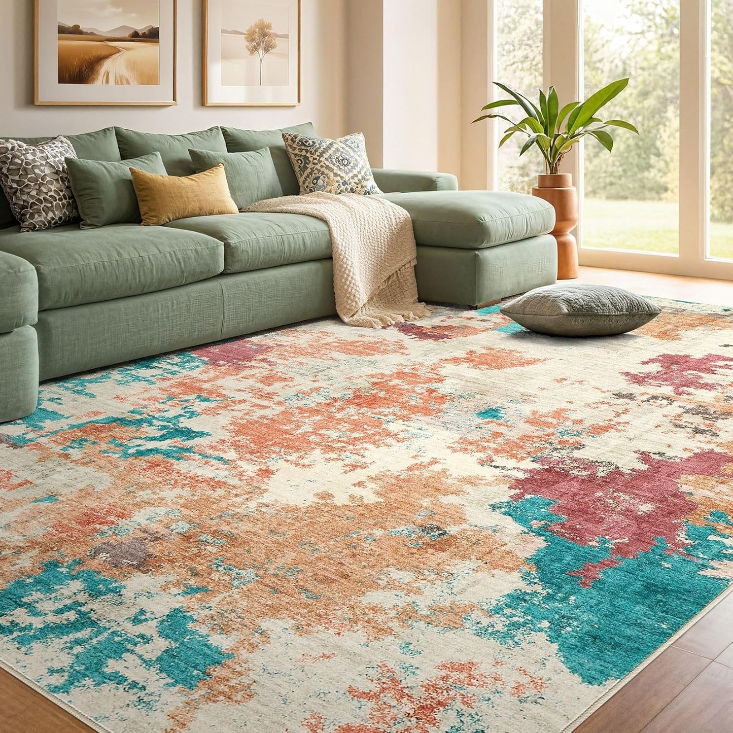 Living Room Area Rugs - 6x9 Abstract Large Soft Indoor Washable Rug Neutral Modern Low Pile Carpet for Bedroom Dining Room Farmhouse Home Office - Grey Blue