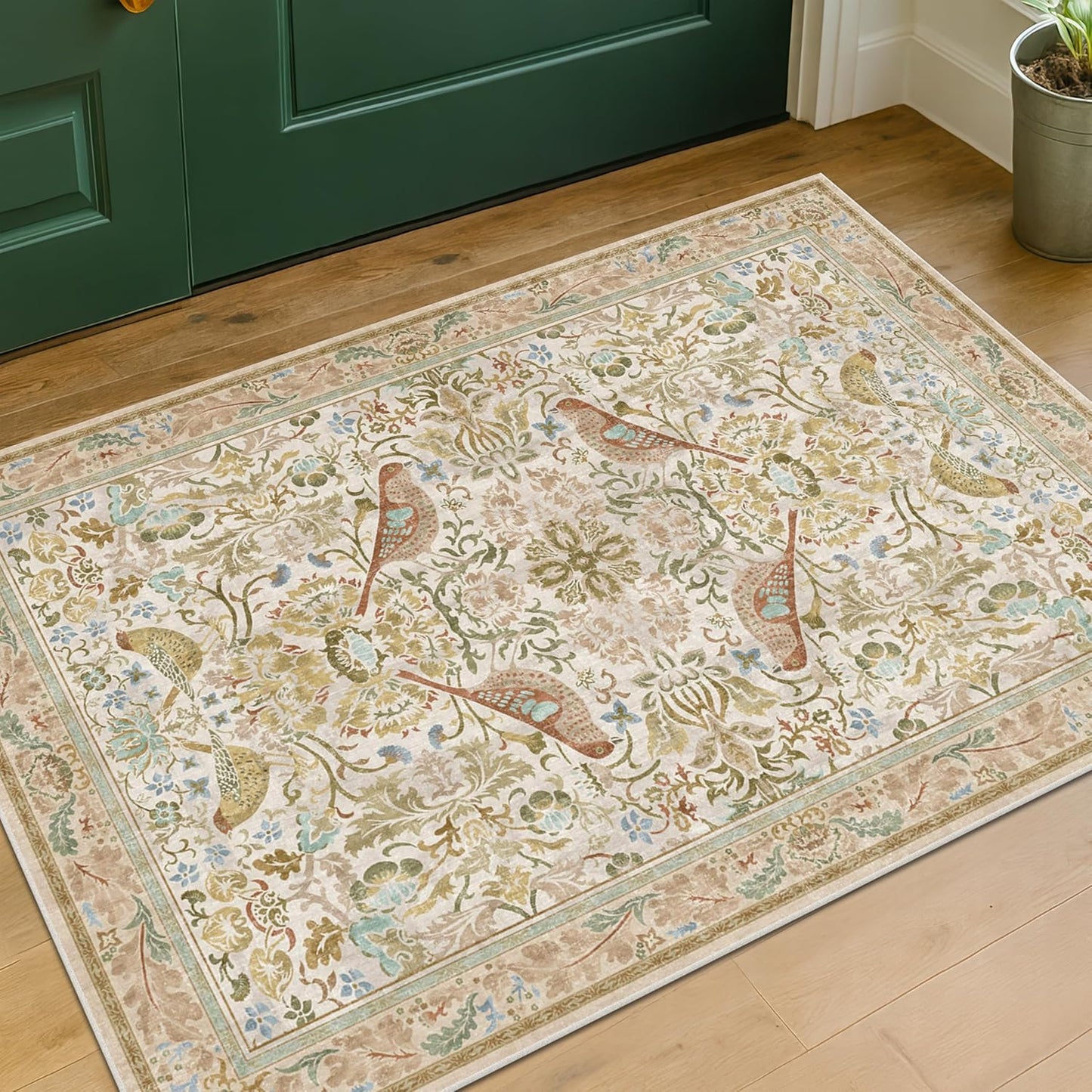 Washable Area Rugs 5x8 for Bedroom - Western Plant Rugs for Living Room, Dinning Room, Home Office, Playroom with Boho Light Green Botanical & Bird Pattern, Non Slip Stain Resistant Low Pile