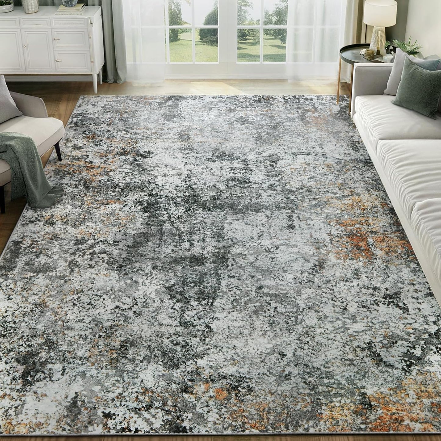Washable Area Rug for Living Room: 8x10 Modern Abstract Neutral Soft Rug for Bedroom Dining Room No Slip Low Pile Carpet for Nursery Home Office - Grey/Blue