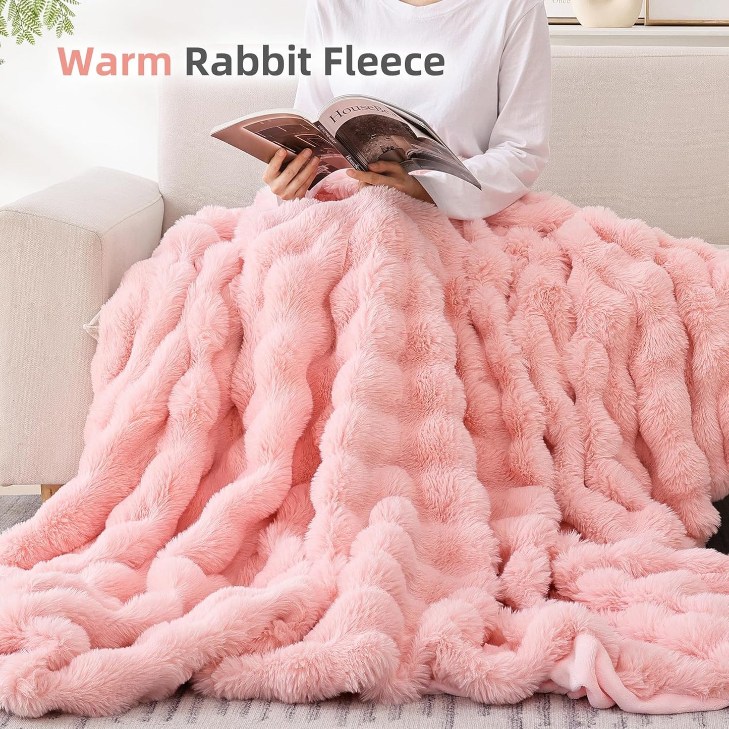 Smoofy Faux Fur Throw Blanket for Couch – Blush Pink Fluffy Cozy Rabbit Fleece, Plush Soft Bubble Blanket for Sofa & Bed, for Mom, Warm Fuzzy Home Room Decor Throw 50" x 60"