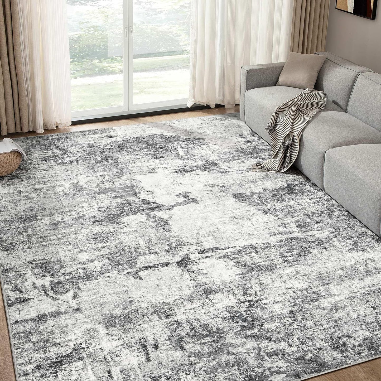 Living Room Area Rugs - 6x9 Abstract Large Soft Indoor Washable Rug Neutral Modern Low Pile Carpet for Bedroom Dining Room Farmhouse Home Office - Grey Blue