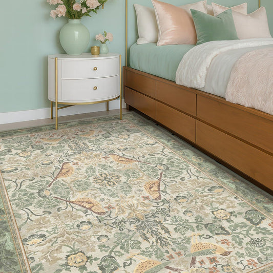 Washable Area Rugs 5x8 for Bedroom - Western Plant Rugs for Living Room, Dinning Room, Home Office, Playroom with Boho Light Green Botanical & Bird Pattern, Non Slip Stain Resistant Low Pile