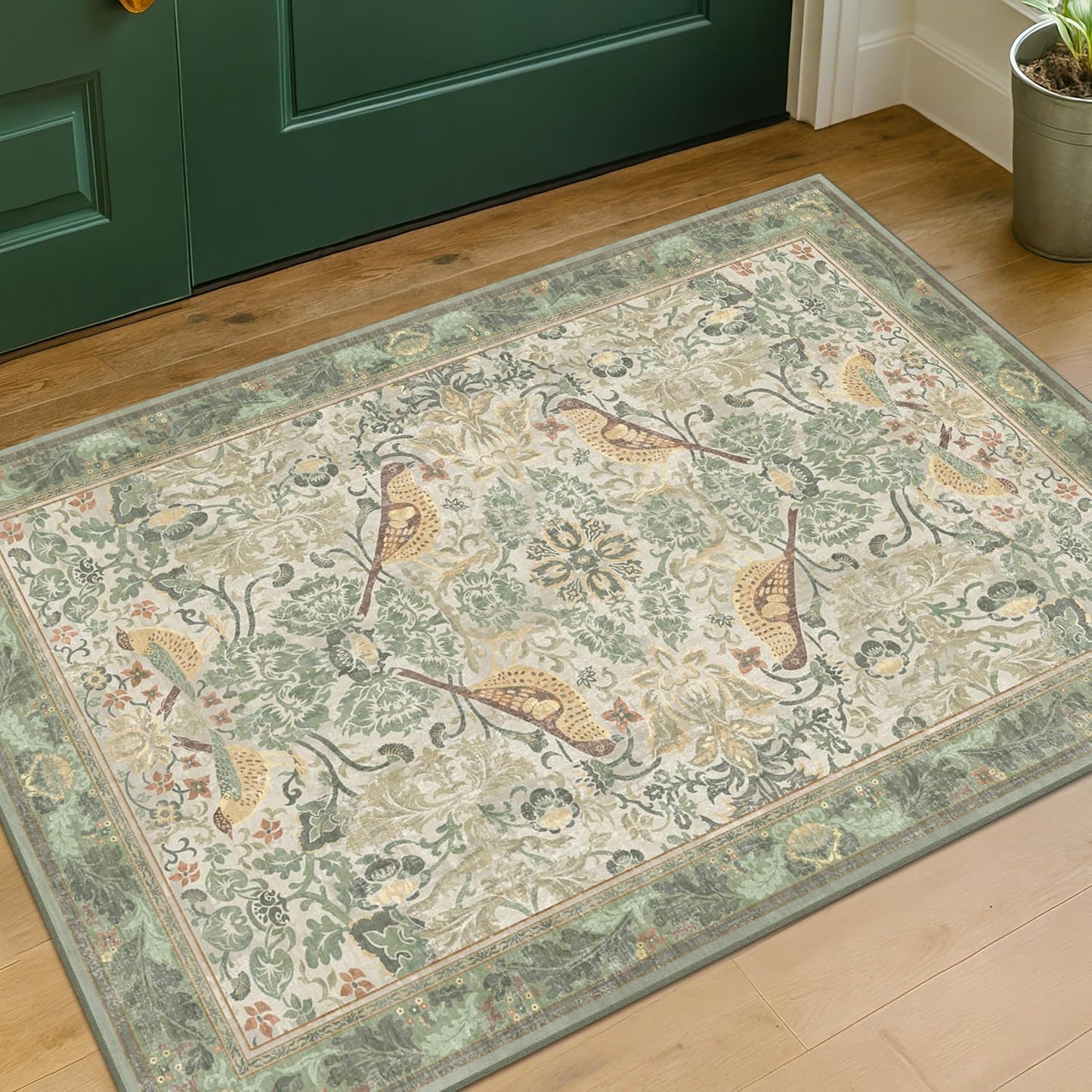Washable Area Rugs 5x8 for Bedroom - Western Plant Rugs for Living Room, Dinning Room, Home Office, Playroom with Boho Light Green Botanical & Bird Pattern, Non Slip Stain Resistant Low Pile