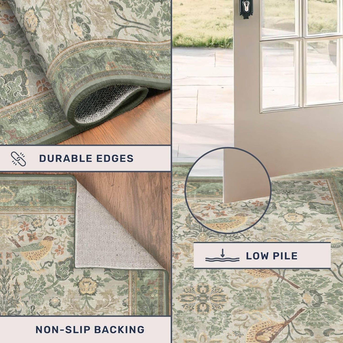 Washable Area Rugs 5x8 for Bedroom - Western Plant Rugs for Living Room, Dinning Room, Home Office, Playroom with Boho Light Green Botanical & Bird Pattern, Non Slip Stain Resistant Low Pile