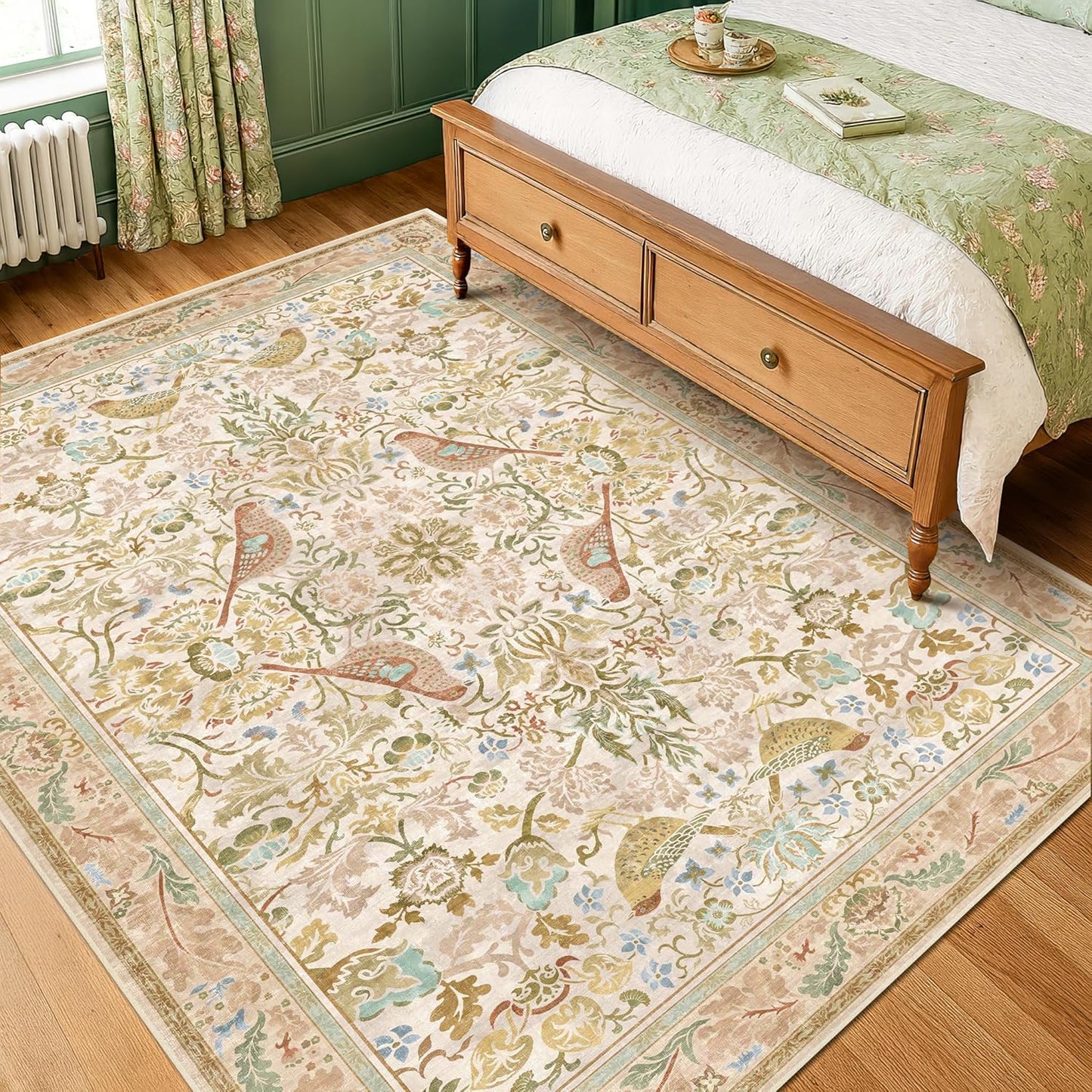 Washable Area Rugs 5x8 for Bedroom - Western Plant Rugs for Living Room, Dinning Room, Home Office, Playroom with Boho Light Green Botanical & Bird Pattern, Non Slip Stain Resistant Low Pile